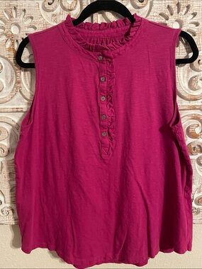 LOFT Magenta Sleeveless Ruffle Henley Tank
